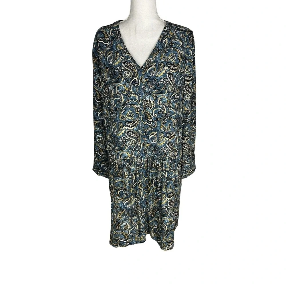 Garnet Hill Women's Size 10‎ Drop Waist Button Up Long Sleeve Teal Paisley Dress